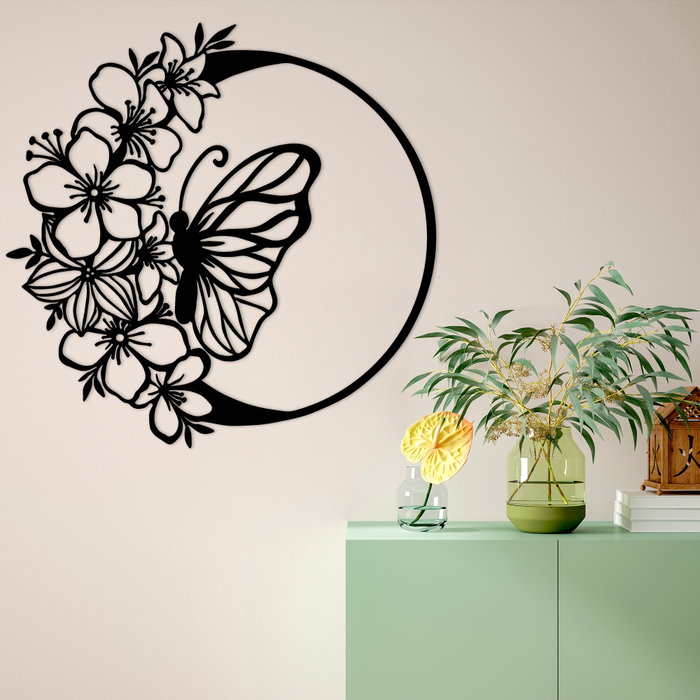 Wallity Butterfly And Flower Escultura de pared de metal negra